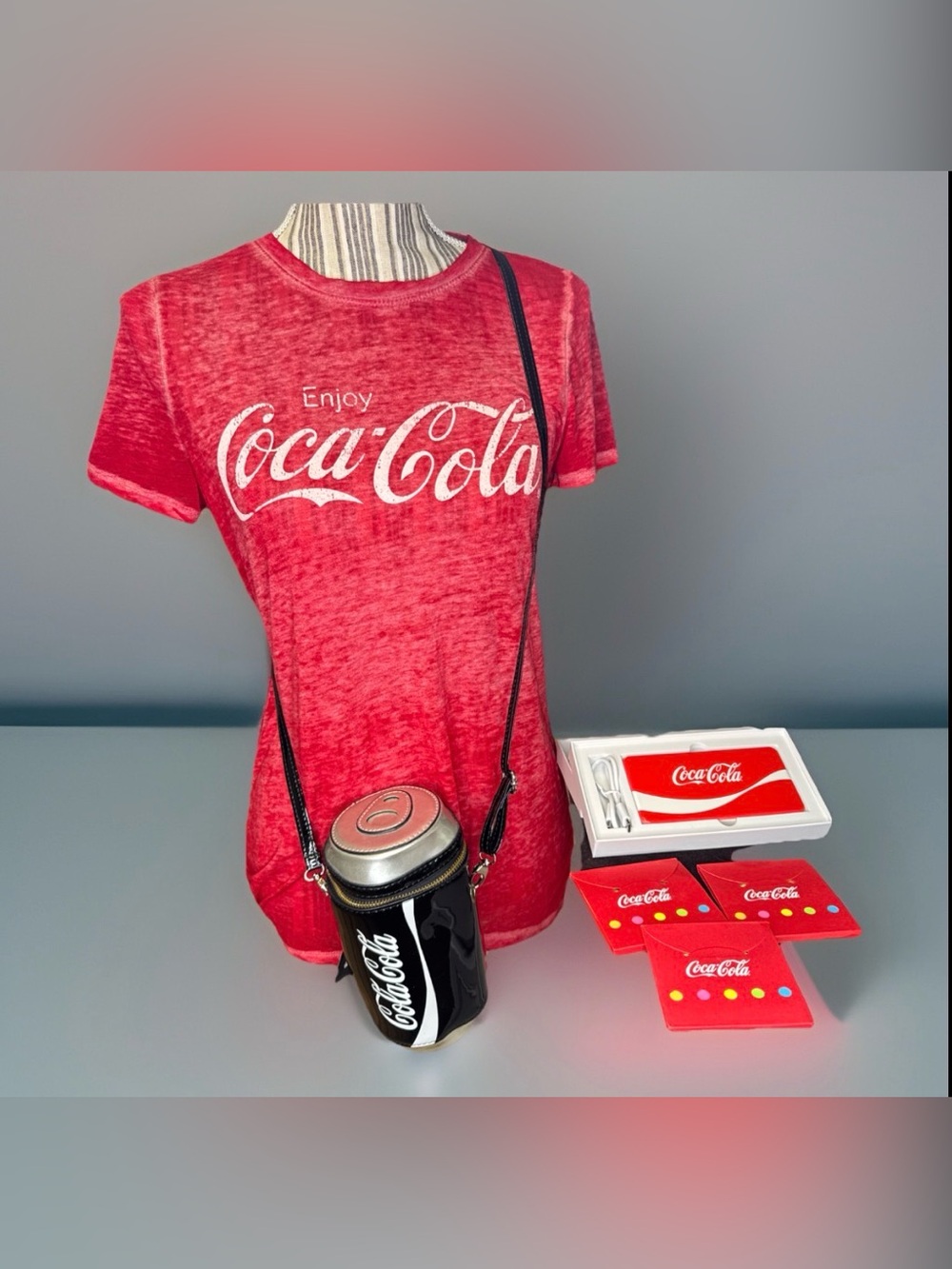 Coca-Cola Fun Bundle Logo Tee, portable charger, post-its, bag